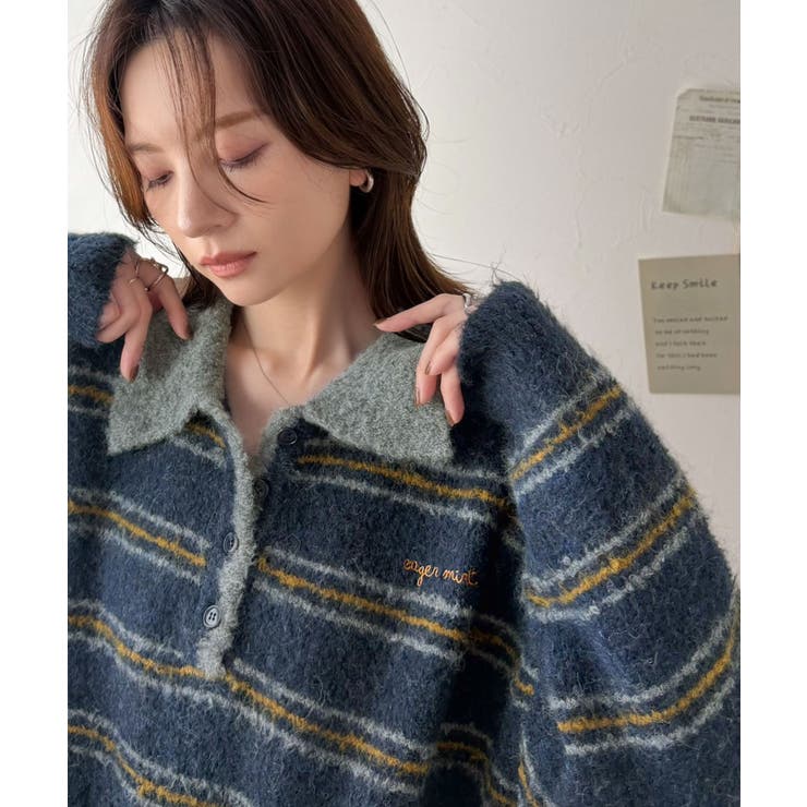 ネイビー | メンズライクに女子っぽさを。胸刺繍ブークレ配色ボーダーニットポロ（長袖） | Classical Elf 