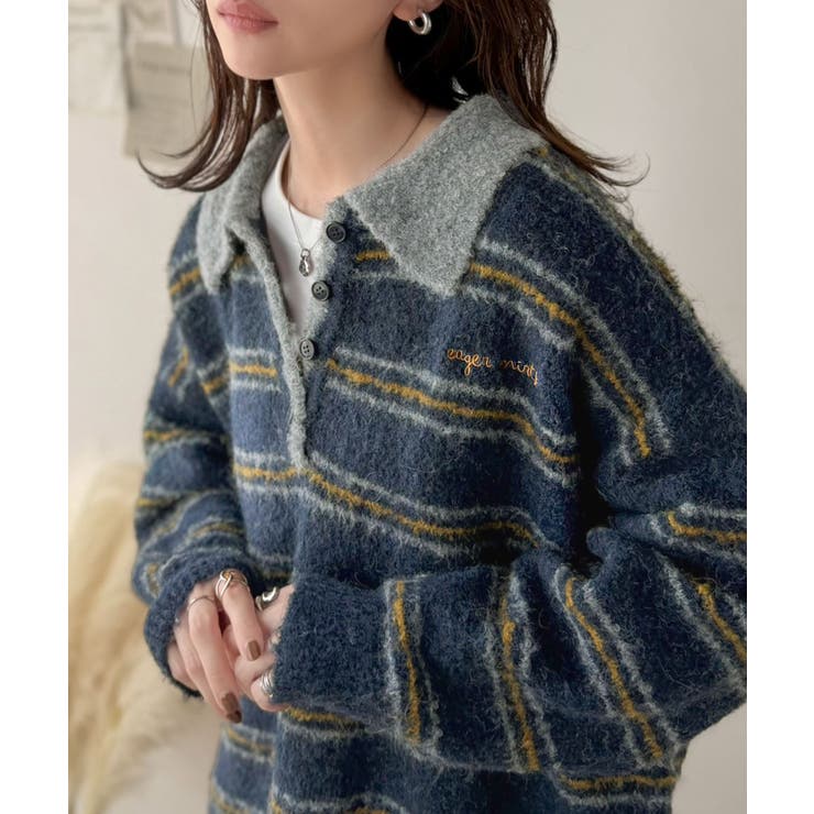 メンズライクに女子っぽさを。胸刺繍ブークレ配色ボーダーニットポロ（長袖） | Classical Elf  | 詳細画像36 
