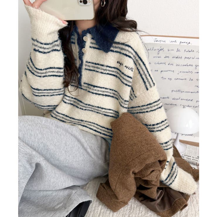 メンズライクに女子っぽさを。胸刺繍ブークレ配色ボーダーニットポロ（長袖） | Classical Elf  | 詳細画像5 