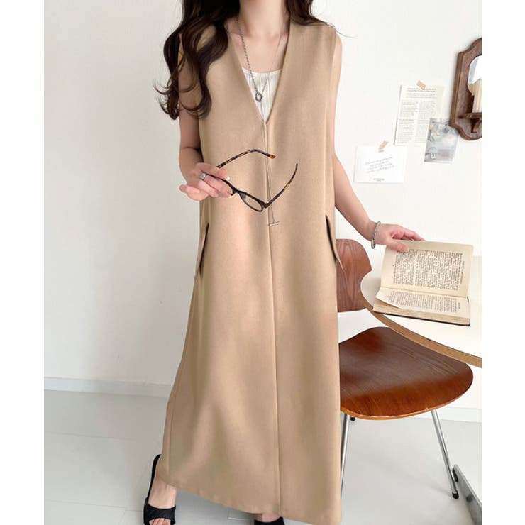 willfree新品Vネックレイヤードワンピース 上品リラクシーstyle。ポケット付Vネックワンピース[品番：WZ000004763