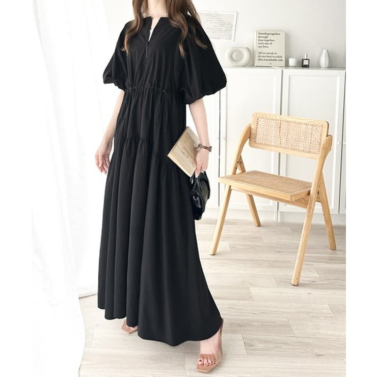 ブラック | 旬の素材&デザイン。大人の前後2way ハーフジップドロストティアードワンピース | Classical Elf 