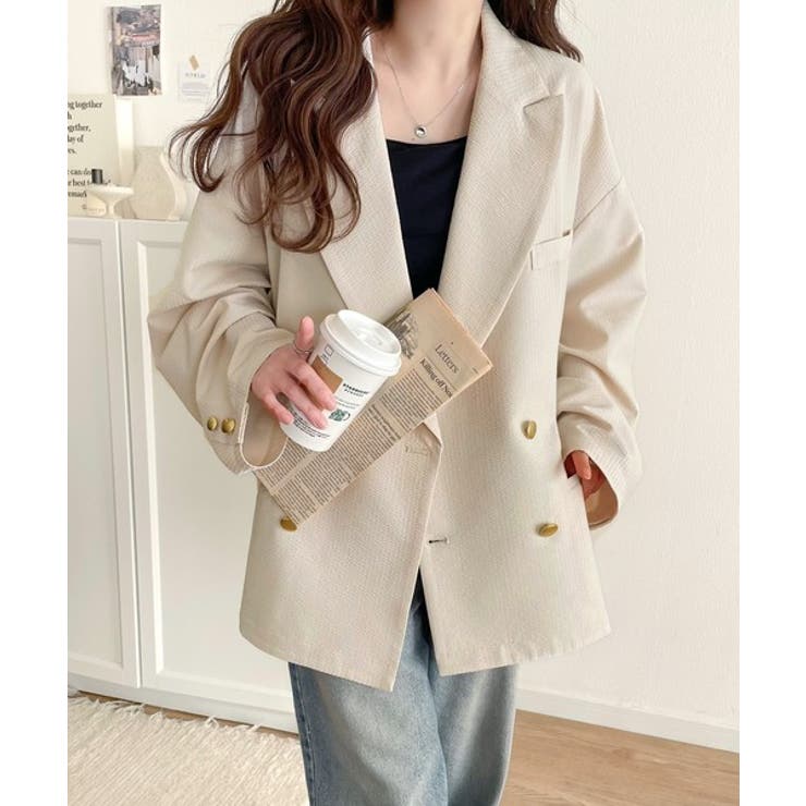 トレンドのオーバーサイズシルエット♪サッカー素材長袖ビッグジャケット(ダブル) | Classical Elf  | 詳細画像3 