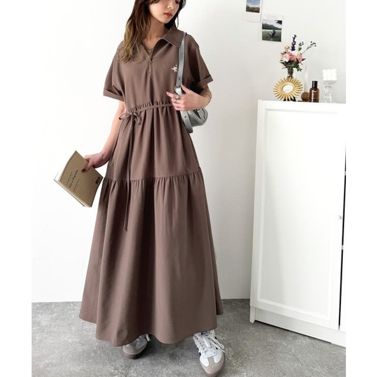 トレンドのティアード♪胸刺繍サッカーハーフZIPワンピース（ロング