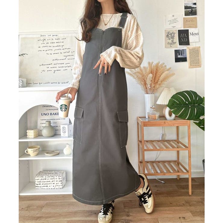 大人が着るカジュアル新定番！綿100％配色ステッチロング丈ジャンパースカート | Classical Elf  | 詳細画像37 