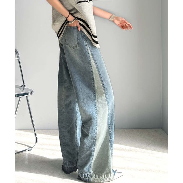 ブルー | 環境に優しいサステナブル素材。綿100%サイド切替ハイウエストワイドストレートデ… | Classical Elf