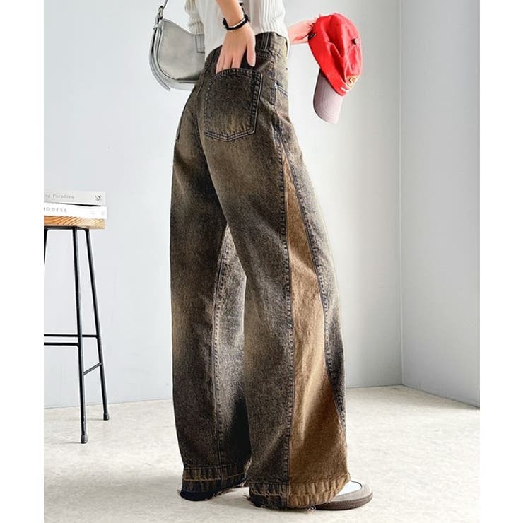 オレンジオーバーダイ | 環境に優しいサステナブル素材。綿100%サイド切替ハイウエストワイドストレートデ… | Classical Elf