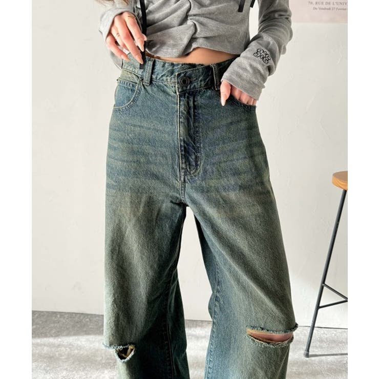 ブルー | 環境に優しいサステナブル素材。綿100％ウエストアシメワイドストレートダメージデ… | Classical Elf 