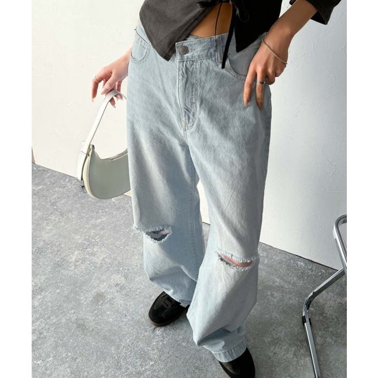 環境に優しいサステナブル素材。綿100％ウエストアシメワイドストレートダメージデ… | Classical Elf  | 詳細画像1 