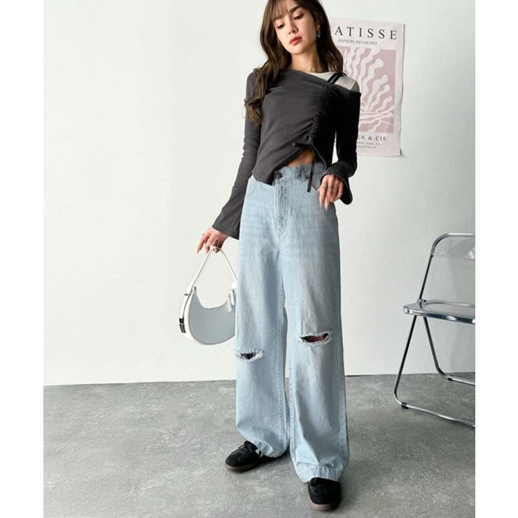 環境に優しいサステナブル素材。綿100％ウエストアシメワイドストレートダメージデ… | Classical Elf  | 詳細画像3 