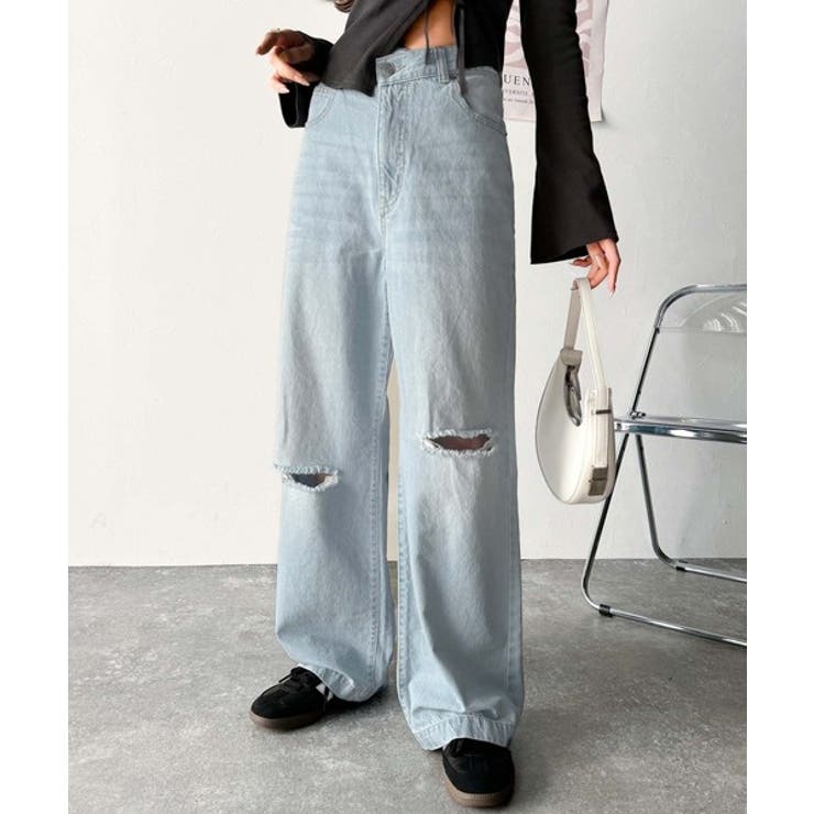 環境に優しいサステナブル素材。綿100％ウエストアシメワイドストレートダメージデ… | Classical Elf  | 詳細画像4 