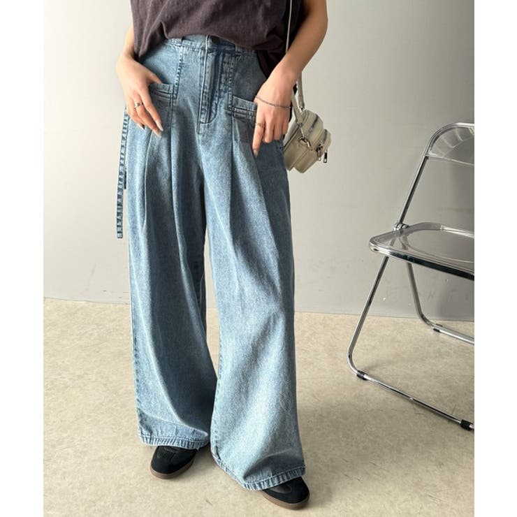 ブルー | 環境に優しいサステナブル素材。綿100%デニム素材サイドリボンタックワイドパンツ… | Classical Elf