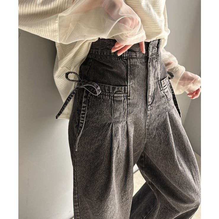 ブラック | 環境に優しいサステナブル素材。綿100%デニム素材サイドリボンタックワイドパンツ… | Classical Elf