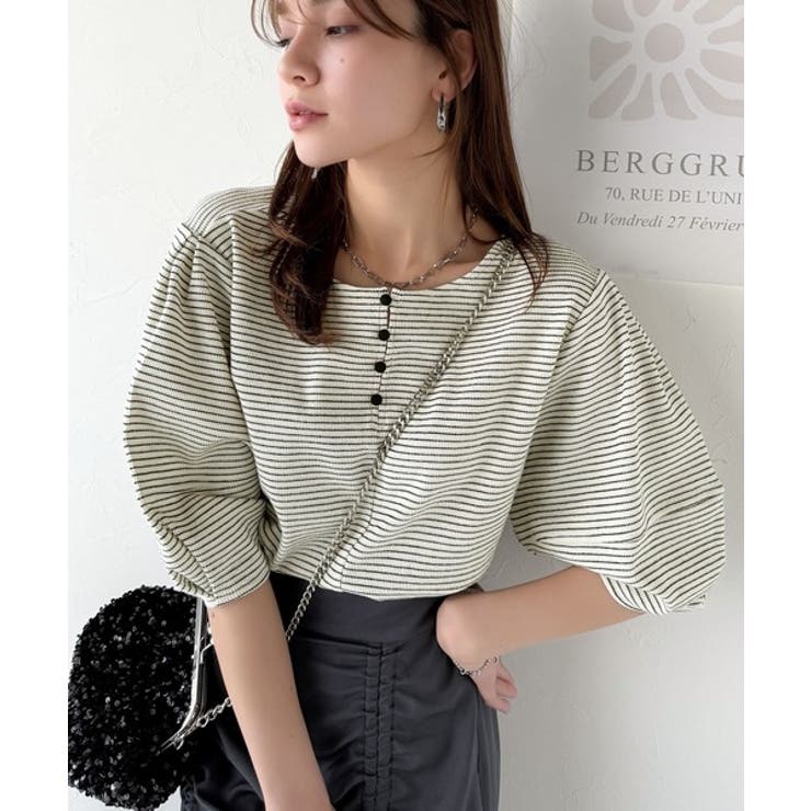 華奢見えを叶える!前後2wayランタンスリーブミニボーダートップス(5分袖) | Classical Elf  | 詳細画像7