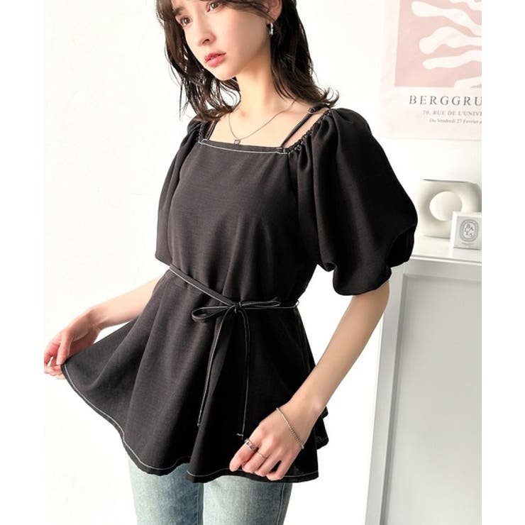 ブラック | トレンド感たっぷり！2way配色ステッチペプラムブラウス（半袖） | Classical Elf 