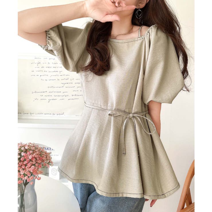 ベージュ | トレンド感たっぷり！2way配色ステッチペプラムブラウス（半袖） | Classical Elf 