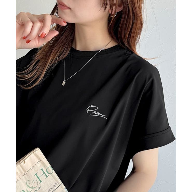 ブラック | 着るUV！ひんやりバックファスナードルマンスリーブ胸刺繍半袖トップス | Classical Elf 