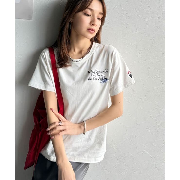 ニット コットン Tシャツ ロゴ刺繍入り ストライプ柄 δ アートのように刺繍が映える。オーガニックコットン100%らくがき