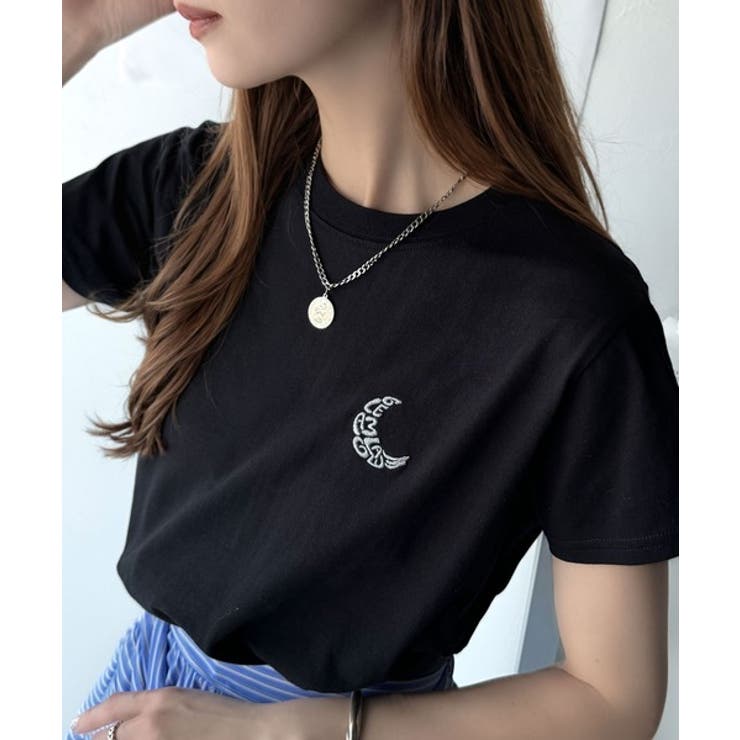 ブラック | オーガニックコットン100%。胸元ラメ糸ワンポイント刺繍 無地＆ボーダー柄Tシャ… | Classical Elf 