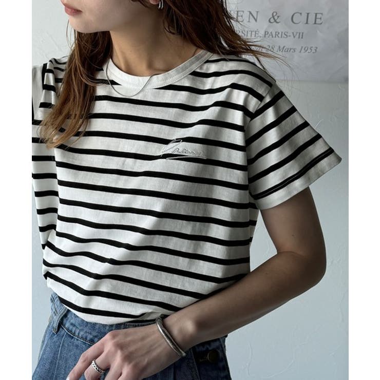 白黒ボーダー | こなれ感たっぷり。オーガニックコットン100％胸元PAEAN刺繍Tシャツ(半袖) | Classical Elf 