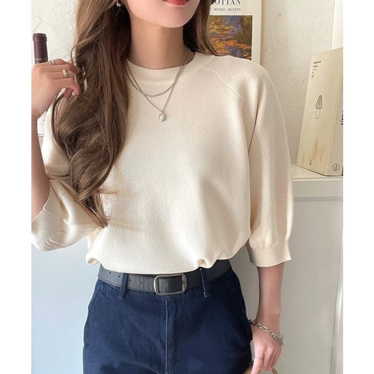 アイボリー | 抜け感のある洗練デザイン。ラグランコンパクトスウェット風ニット(半袖） | Classical Elf 