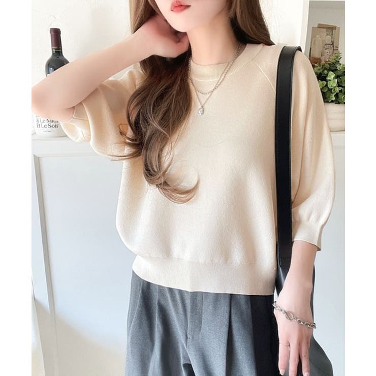 抜け感のある洗練デザイン。ラグランコンパクトスウェット風ニット(半袖） | Classical Elf  | 詳細画像7 