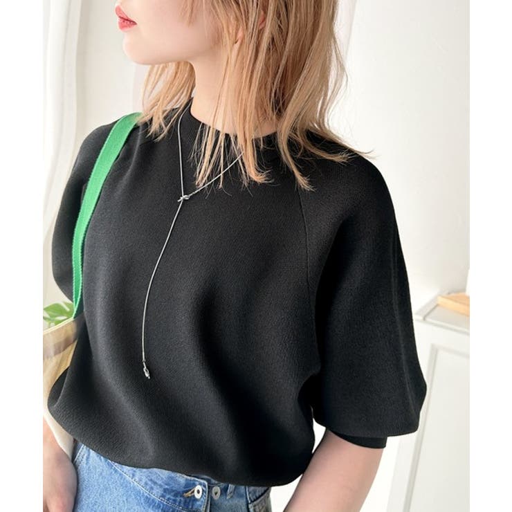 ブラック | 抜け感のある洗練デザイン。ラグランコンパクトスウェット風ニット(半袖） | Classical Elf 