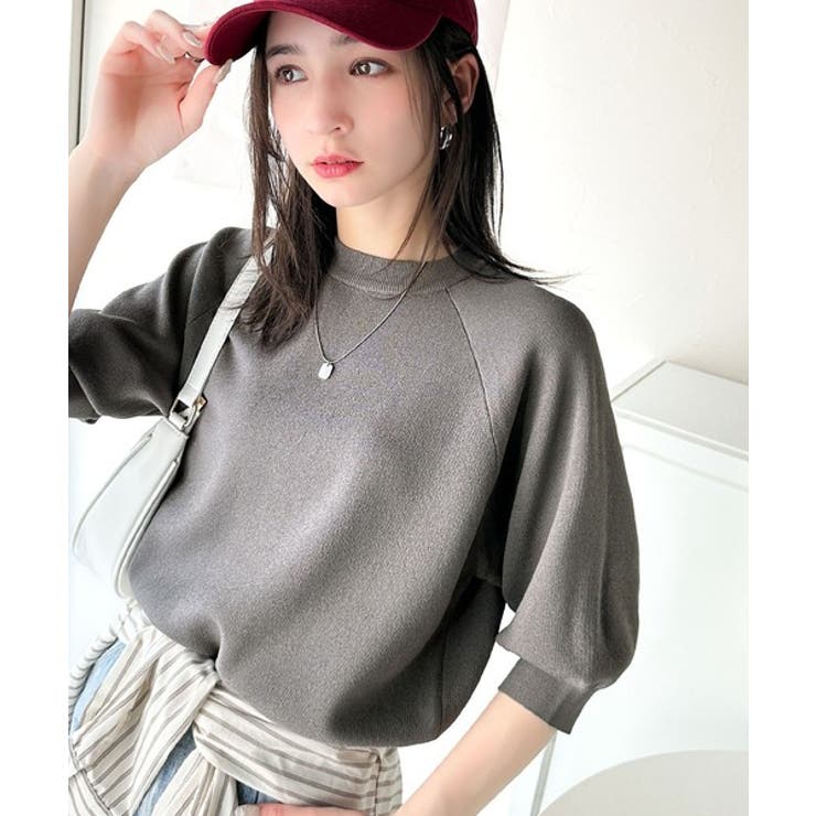 チャコール | 抜け感のある洗練デザイン。ラグランコンパクトスウェット風ニット(半袖） | Classical Elf 