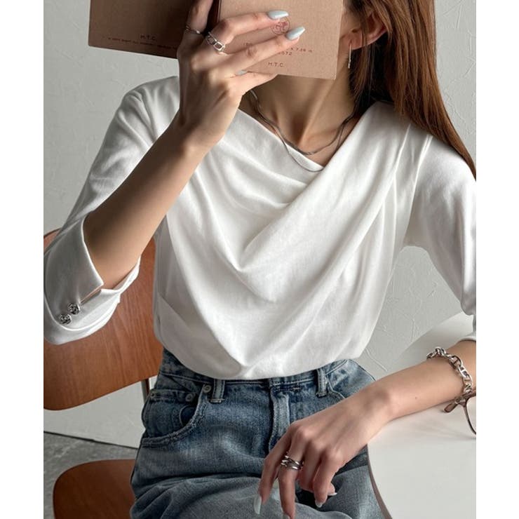 オフホワイト | 大人の上品映え。綿100％ドレープ５分袖プルオーバー  | Classical Elf 