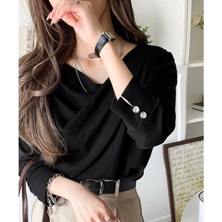 ブラック | 大人の上品映え。綿100％ドレープ５分袖プルオーバー  | Classical Elf 