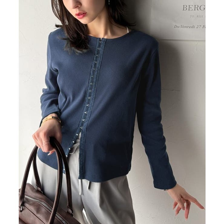 ネイビー | おしゃれ感を格上げ。綿100％前後2wayシルバーホック使いカーディガントップス… | Classical Elf 