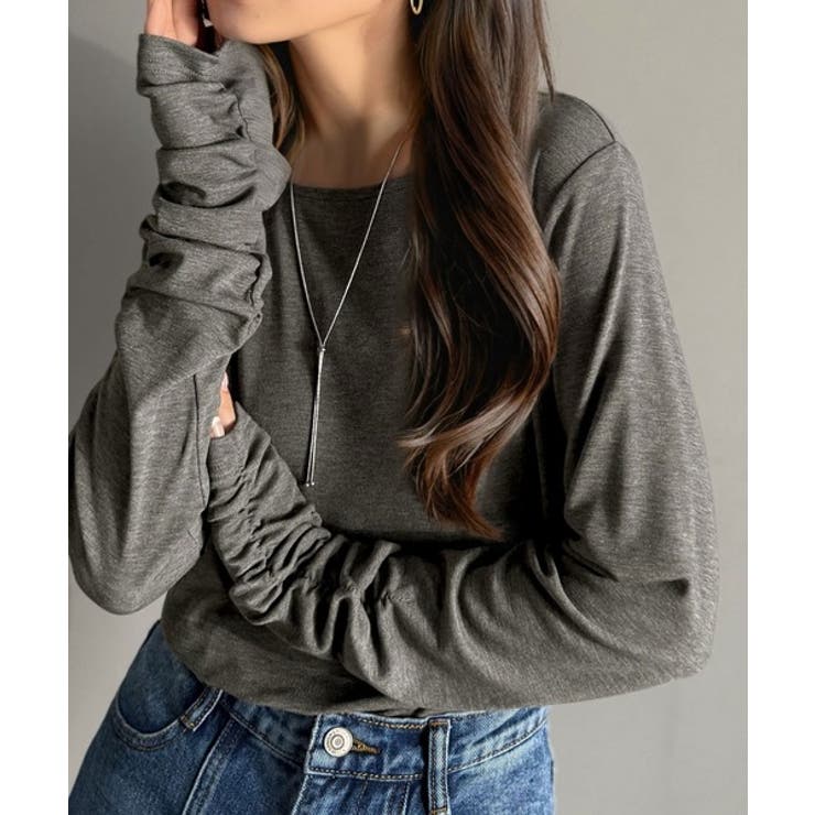 チャコール | 手元にニュアンスをプラス。袖シャーリングボートネックプルオーバー （長袖） | Classical Elf 