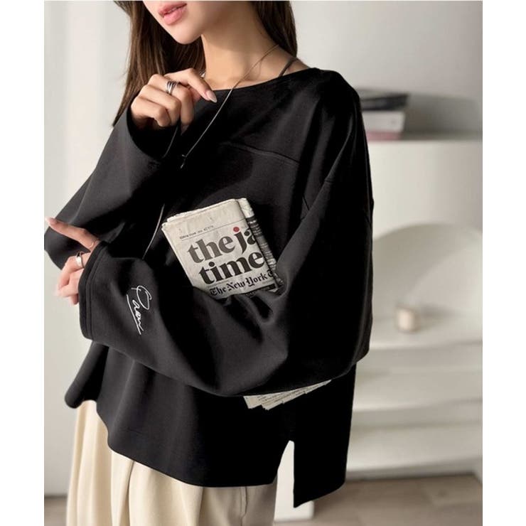 ブラック | 滑らか＆艶やか。ダンボールボートネック袖刺繍ロンT（長袖） | Classical Elf 