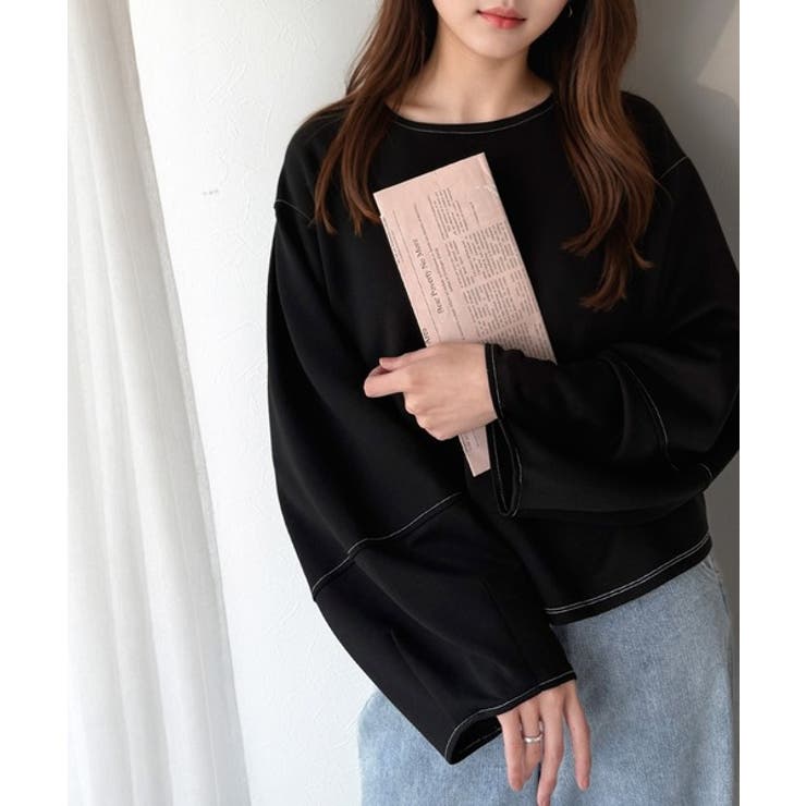 ブラック | ふんわり袖で、大人映え。ランタンスリーブ切替ステッチプルオーバー（長袖） | Classical Elf 