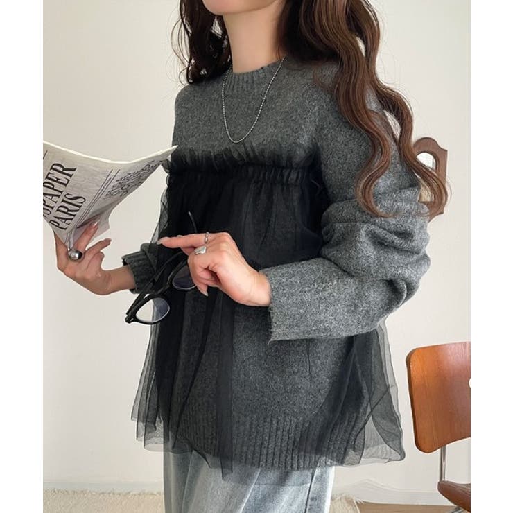 大人の女性にぴったり！チュールドッキングボリュームスリーブニット（長袖） | Classical Elf  | 詳細画像13 