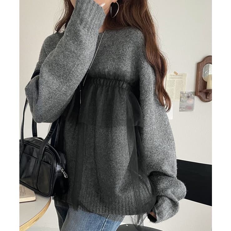 チャコール | 大人の女性にぴったり！チュールドッキングボリュームスリーブニット（長袖） | Classical Elf 