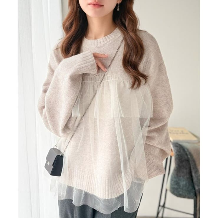 ベージュ | 大人の女性にぴったり！チュールドッキングボリュームスリーブニット（長袖） | Classical Elf 