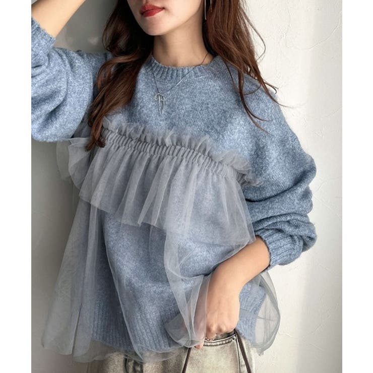 ブルー | 大人の女性にぴったり！チュールドッキングボリュームスリーブニット（長袖） | Classical Elf 