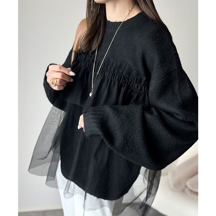 大人の女性にぴったり！チュールドッキングボリュームスリーブニット（長袖） | Classical Elf  | 詳細画像1 