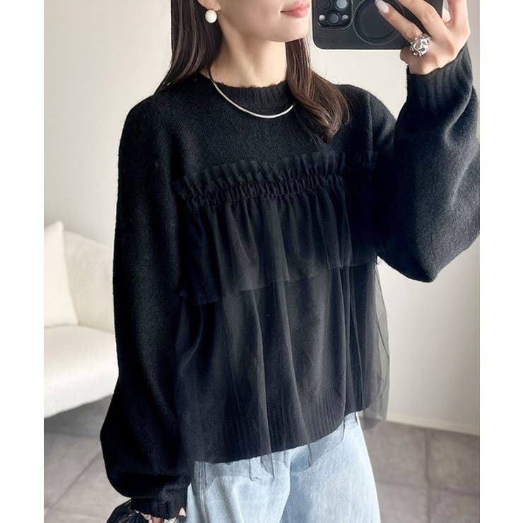 大人の女性にぴったり！チュールドッキングボリュームスリーブニット（長袖） | Classical Elf  | 詳細画像4 