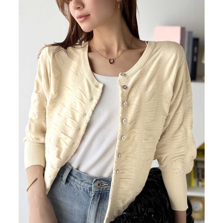 アイボリー | さらり羽織りココロおどる♪前後2way7分袖シャーリングニットカーディガン | Classical Elf 