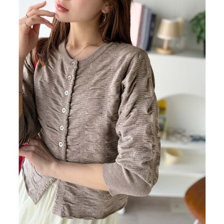 杢ベージュ | さらり羽織りココロおどる♪前後2way7分袖シャーリングニットカーディガン | Classical Elf 