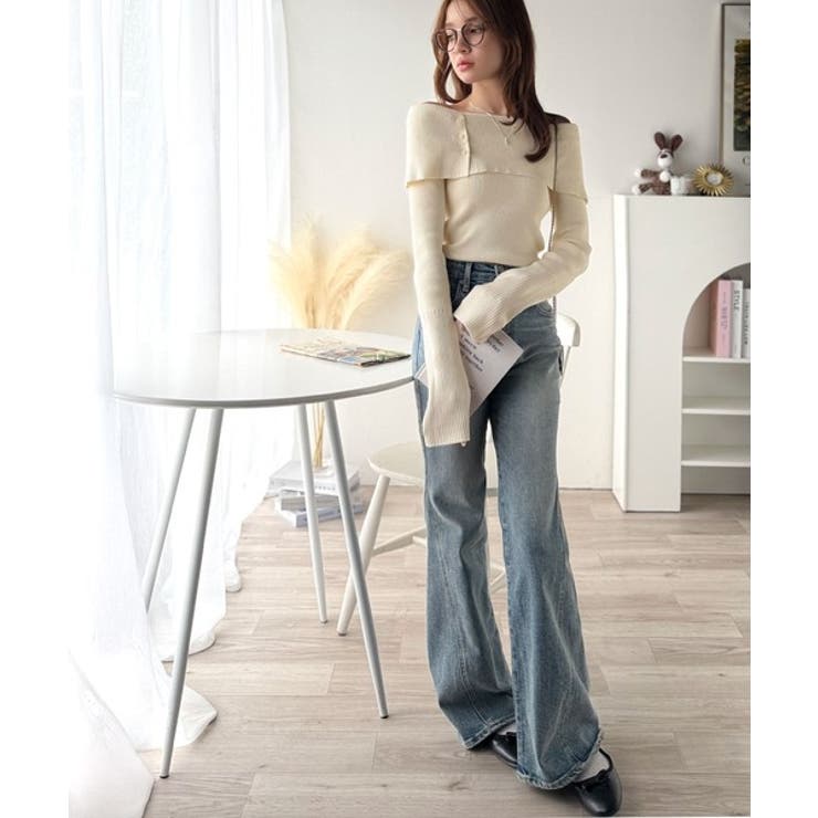 上品＆繊細に華奢見え♪サムホール付きオフショルリブ編みニット（長袖） | Classical Elf  | 詳細画像5 