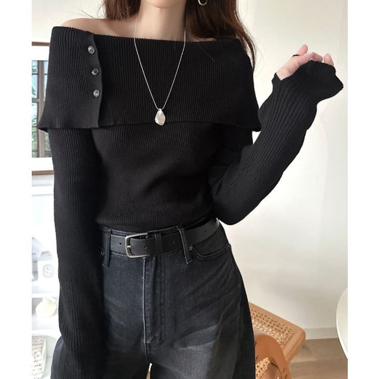 上品＆繊細に華奢見え♪サムホール付きオフショルリブ編みニット（長袖） | Classical Elf  | 詳細画像11 