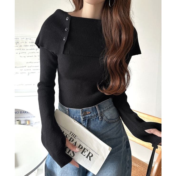 上品＆繊細に華奢見え♪サムホール付きオフショルリブ編みニット（長袖） | Classical Elf  | 詳細画像13 