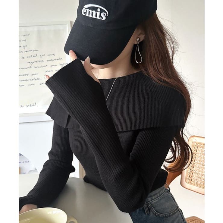 上品＆繊細に華奢見え♪サムホール付きオフショルリブ編みニット（長袖） | Classical Elf  | 詳細画像15 