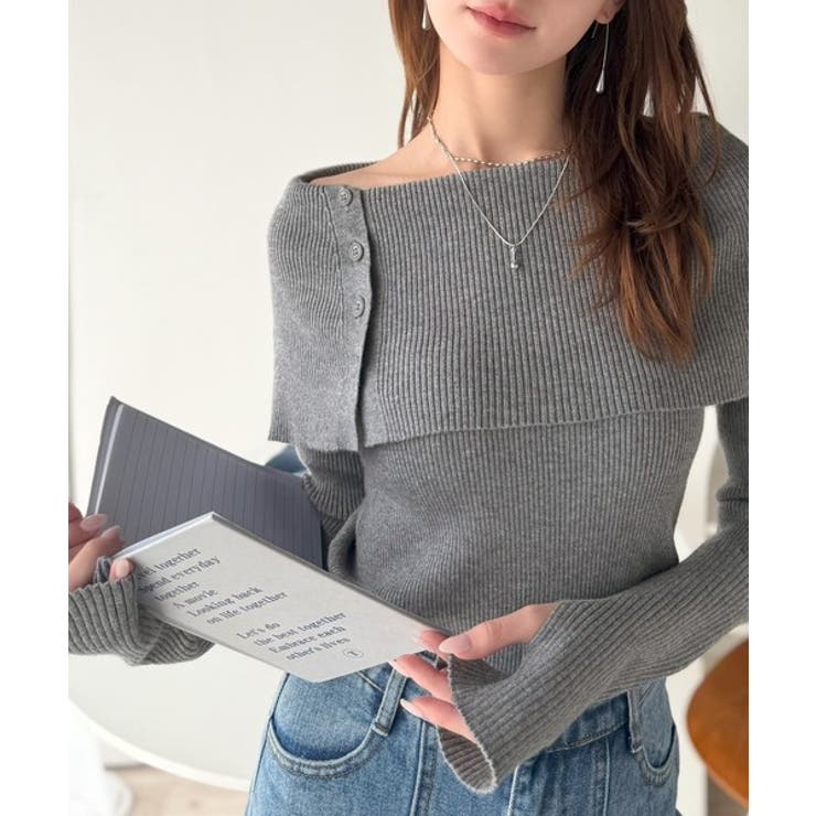 チャコール | 上品＆繊細に華奢見え♪サムホール付きオフショルリブ編みニット（長袖） | Classical Elf 