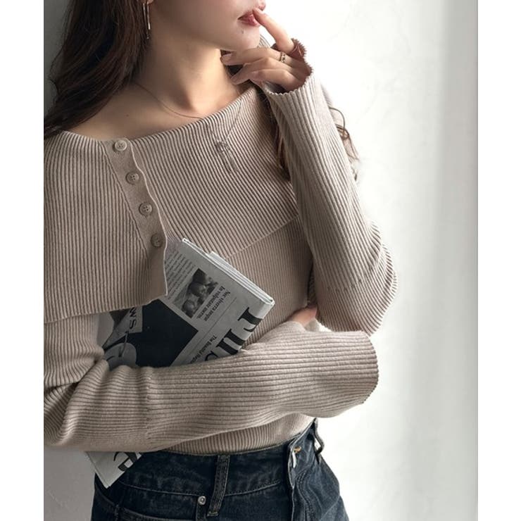 グレイッシュベージュ | 上品＆繊細に華奢見え♪サムホール付きオフショルリブ編みニット（長袖） | Classical Elf 