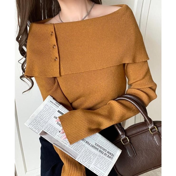 キャメル | 上品＆繊細に華奢見え♪サムホール付きオフショルリブ編みニット（長袖） | Classical Elf 