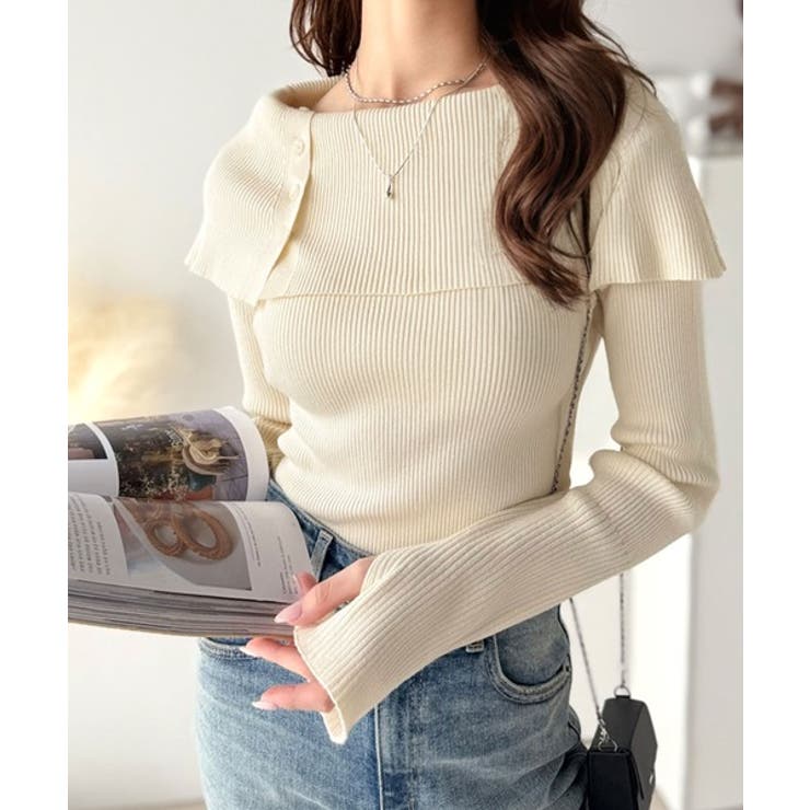 上品＆繊細に華奢見え♪サムホール付きオフショルリブ編みニット（長袖） | Classical Elf  | 詳細画像1 