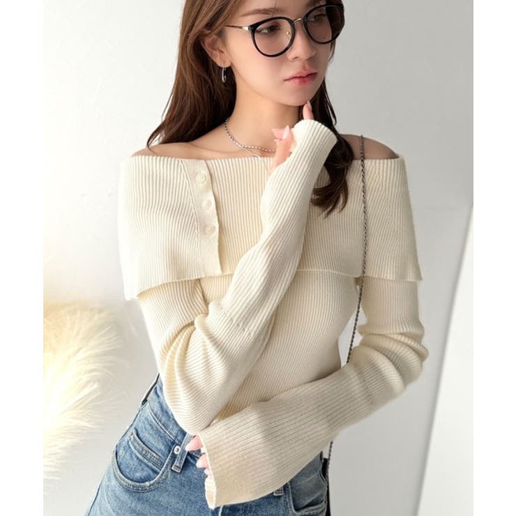 上品＆繊細に華奢見え♪サムホール付きオフショルリブ編みニット（長袖） | Classical Elf  | 詳細画像4 